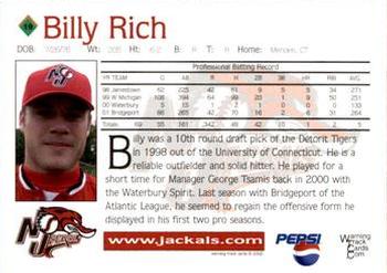 2002 Warning Track New Jersey Jackals #19 Billy Rich Back