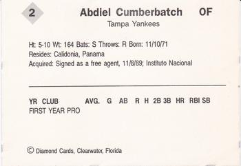 1990 Diamond Cards Tampa Yankees #2 Abdiel  Cumberbatch Back