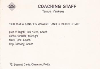 1990 Diamond Cards Tampa Yankees #28 Coaching Staff (Rich Arena / Glenn Sherlock / Mark Rose / Hop Cassady) Back