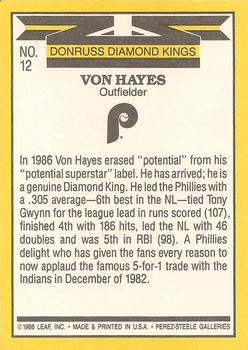 1987 Donruss #12 Von Hayes Back