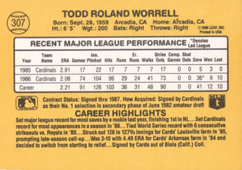 1987 Donruss #307 Todd Worrell Back