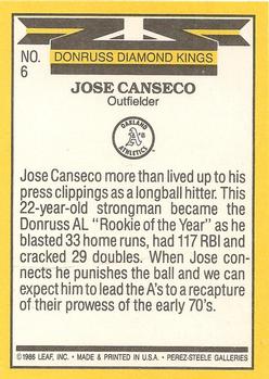 1987 Donruss #6 Jose Canseco Back