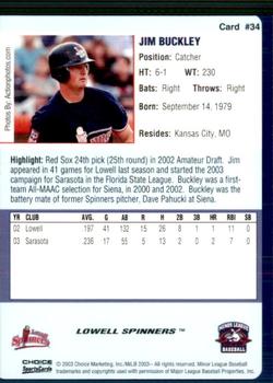 2003 Choice Lowell Spinners #34 Jim Buckley Back