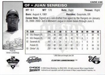 2003 Choice Midwest League All-Stars #40 Juan Senreiso Back