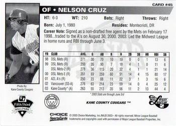 2003 Choice Midwest League All-Stars #45 Nelson Cruz Back