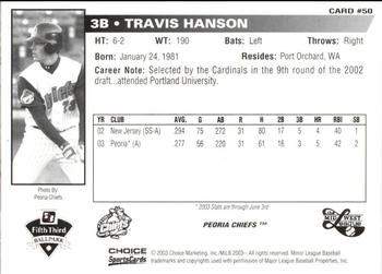 2003 Choice Midwest League All-Stars #50 Travis Hanson Back