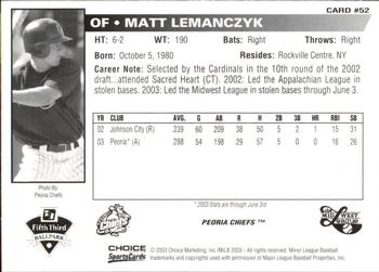 2003 Choice Midwest League All-Stars #52 Matt Lemanczyk Back