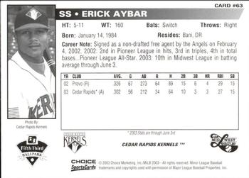 2003 Choice Midwest League All-Stars #63 Erick Aybar Back
