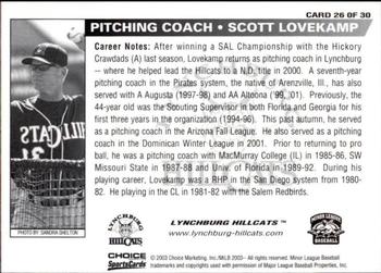 2003 Choice Lynchburg Hillcats #26 Scott Lovekamp Back