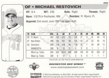 2003 Choice Rochester Red Wings #22 Michael Restovich Back