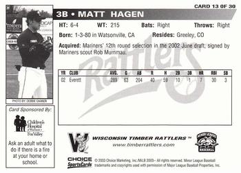 2003 Choice Wisconsin Timber Rattlers #13 Matt Hagen Back