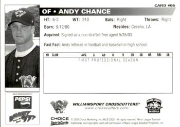 2003 Choice Williamsport Crosscutters #06 Andy Chance Back