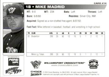2003 Choice Williamsport Crosscutters #14 Mike Madrid Back