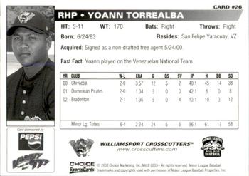 2003 Choice Williamsport Crosscutters #26 Yoann Torrealba Back