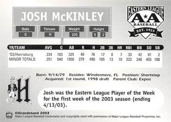 2003 Grandstand Eastern League Top Prospects #NNO Josh McKinley Back