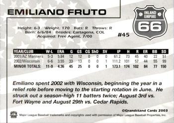 2003 Grandstand Inland Empire 66ers #NNO Emiliano Fruto Back