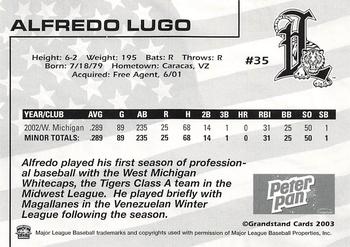 2003 Grandstand Lakeland Tigers #NNO Alfredo Lugo Back