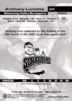 2003 Grandstand Mahoning Valley Scrappers #NNO Anthony Lunetta Back