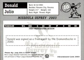 2003 Grandstand Missoula Osprey #10 Donald Julio Back