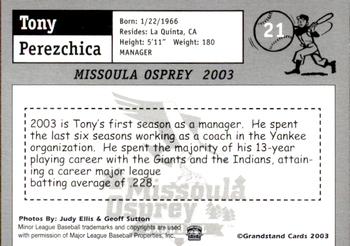 2003 Grandstand Missoula Osprey #21 Tony Perezchica Back