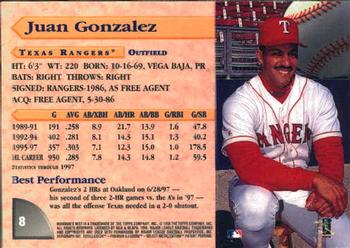 1998 Bowman's Best #8 Juan Gonzalez Back