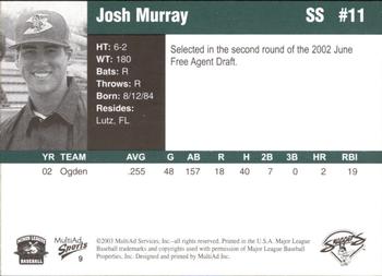 2003 MultiAd Beloit Snappers #9 Josh Murray Back