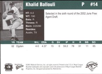 2003 MultiAd Beloit Snappers #12 Khalid Ballouli Back