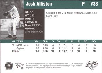 2003 MultiAd Beloit Snappers #26 Josh Alliston Back