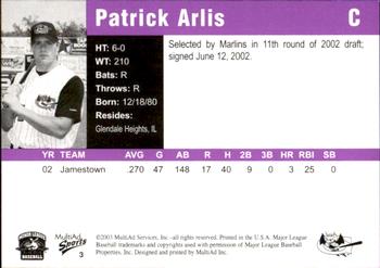 2003 MultiAd Greensboro Bats #3 Patrick Arlis Back