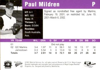 2003 MultiAd Greensboro Bats #17 Paul Mildren Back