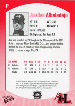 2003 MultiAd Hickory Crawdads #2 Jonathan Albaladejo Back