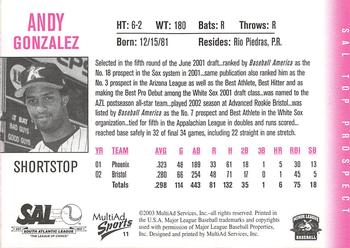 2003 MultiAd South Atlantic League Top Prospects #11 Andy Gonzalez Back