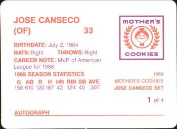 1989 Mother's Cookies Jose Canseco #1 Jose Canseco Back
