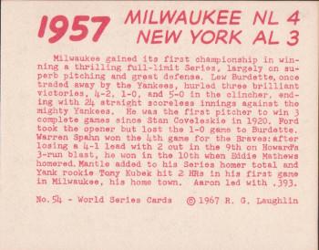 1967 Laughlin World Series #54 1957 Braves vs Yanks Back
