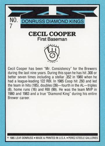 1986 Donruss - Super Diamond Kings #7 Cecil Cooper Back
