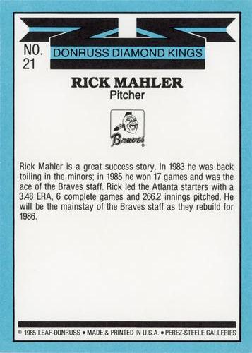1986 Donruss - Super Diamond Kings #21 Rick Mahler Back