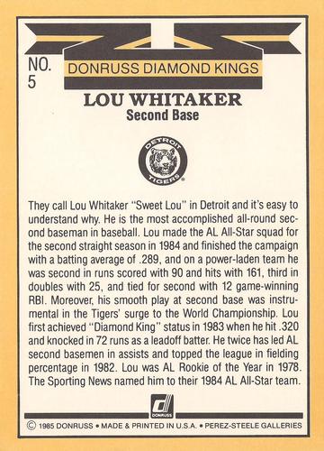 1985 Donruss Super Diamond Kings #5 Lou Whitaker Back
