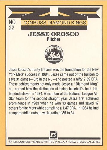 1985 Donruss Super Diamond Kings #22 Jesse Orosco Back