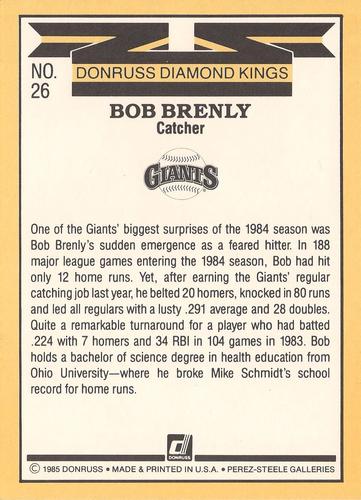 1985 Donruss Super Diamond Kings #26 Bob Brenly Back