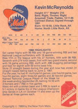 1989 New York Mets Junior Mets Club #NNO Kevin McReynolds Back