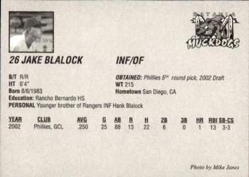 2003 Batavia Muckdogs #26 Jake Blalock Back