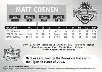 2003 Grandstand California-Carolina League All Stars #NNO Matt Coenen Back