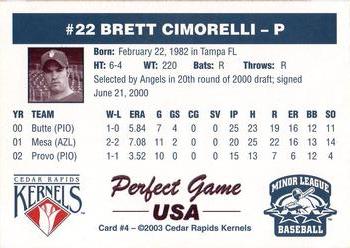 2003 Perfect Game Cedar Rapids Kernels #4 Brett Cimorelli Back