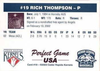 2003 Perfect Game Cedar Rapids Kernels #10 Rich Thompson Back