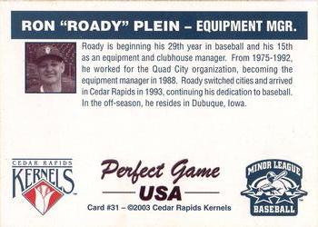 2003 Perfect Game Cedar Rapids Kernels #31 Ron Plein Back