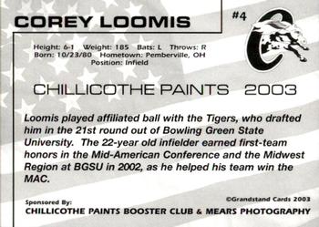 2003 Grandstand Chillicothe Paints #4 Corey Loomis Back