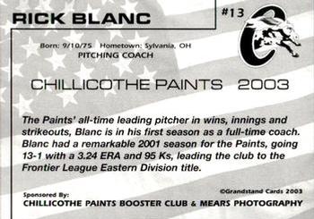 2003 Grandstand Chillicothe Paints #13 Rick Blanc Back