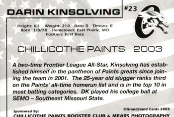 2003 Grandstand Chillicothe Paints #23 Darin Kinsolving Back