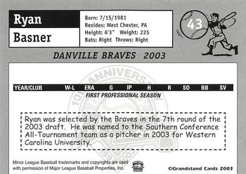 2003 Grandstand Danville Braves #NNO Ryan Basner Back