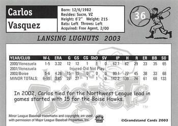 2003 Grandstand Lansing Lugnuts #NNO Carlos Vasquez Back